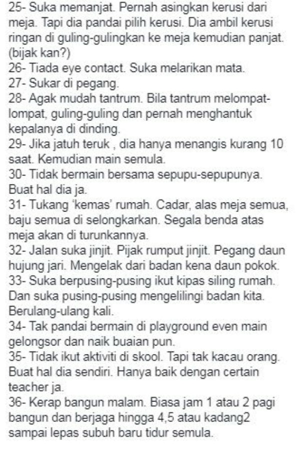 Facebook @Abdul Malek MB Ciri-ciri dimiliki Ibrahim yang disedari oleh Abdul Malek selepas anaknya didiagnos